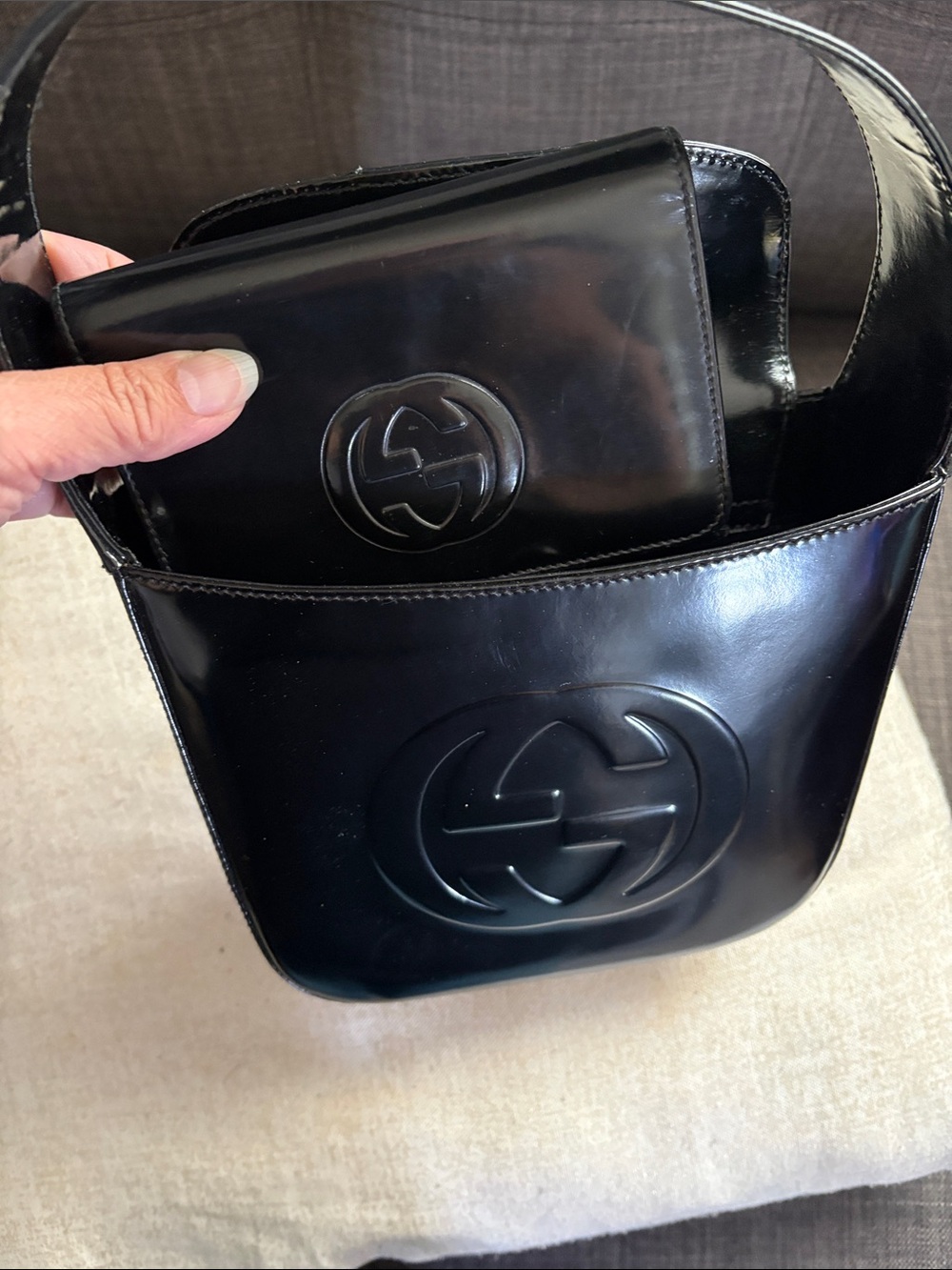 Gucci Mini Shoulder Bag in Black Patent Leather with matching wallet.